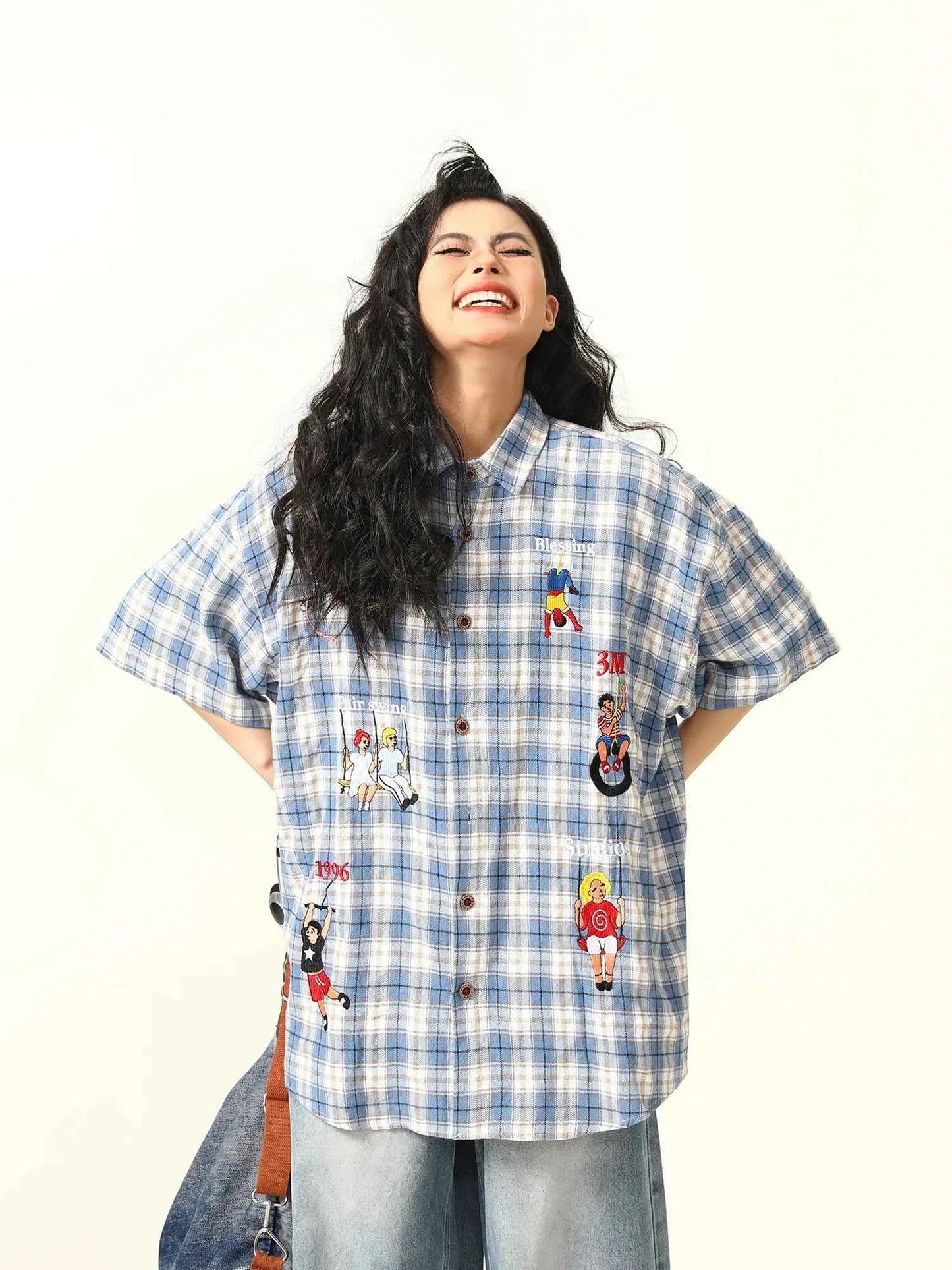 Blue Plaid Cartoon Character Embroidered Shirt