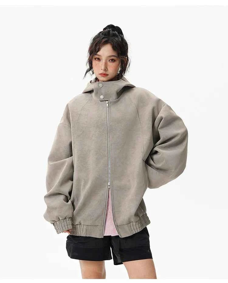 Windproof Suede Zipper Hooded Leather Jacket