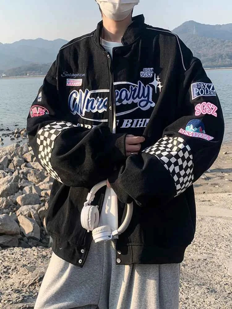 Y2K Plaid Embroidered Vintage Racer Jacket