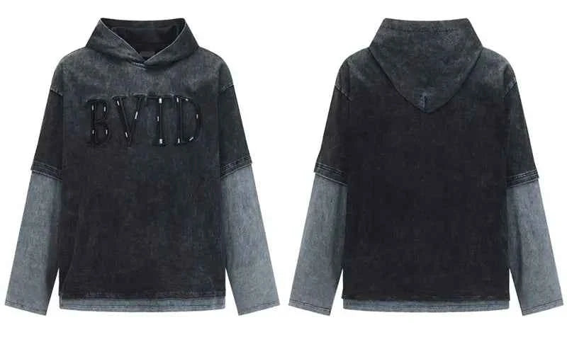 Grunge Embroidered Fake Two Piece Layered Hoodie