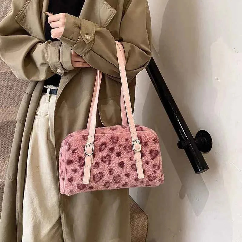 Soft Pink Leopard Print Shoulder Faux Fur Bag