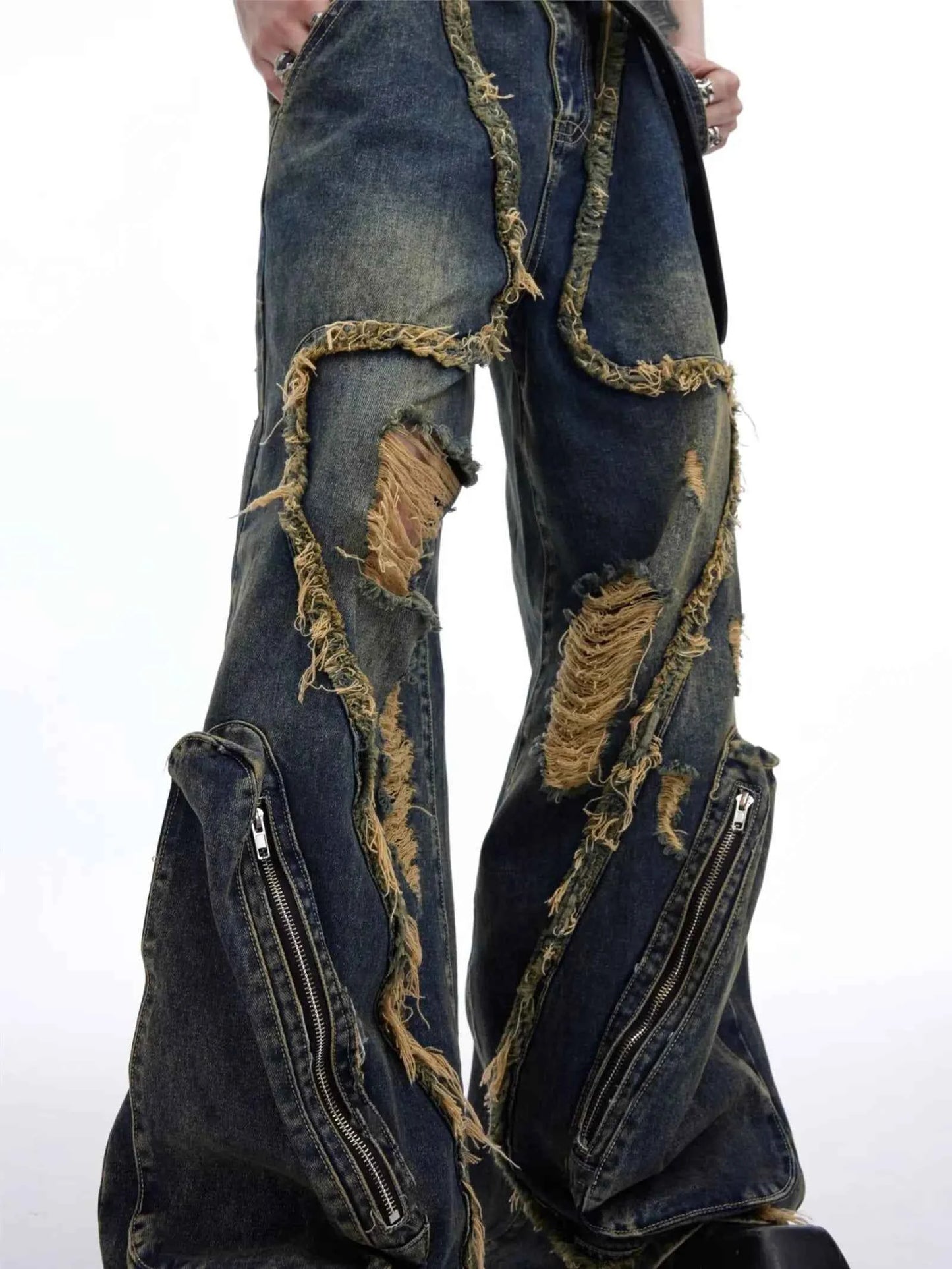 Y2K Streetwear Vintage Splicing Burr Edge Ripped Jeans