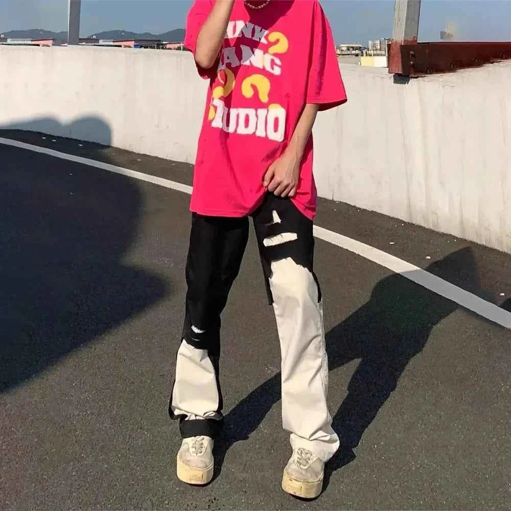 Irregular Stitching Black White Slim Jeans