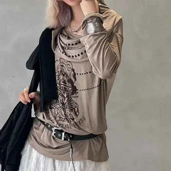 Brown Retro High-End Wasteland Style T-shirt