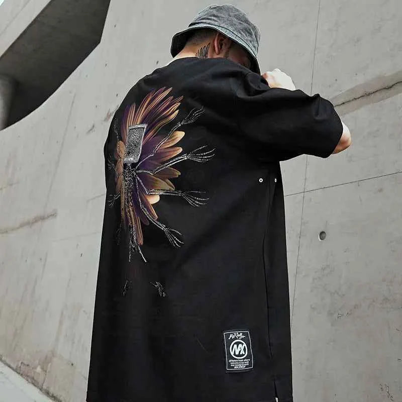 Oversize Skeleton Flower Printed Cotton T-Shirt