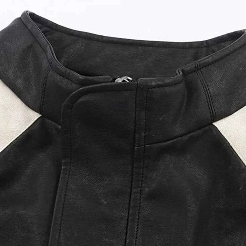 Contrasting Color Leather Jacket