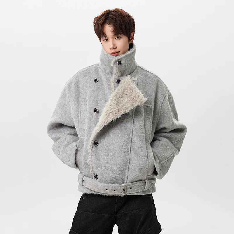 Soft Korean Faux Fur Patchwork Belt Jacket
