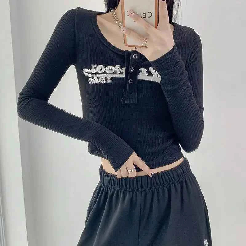 Vintage Letter Print Ribbed Crop T-Shirt