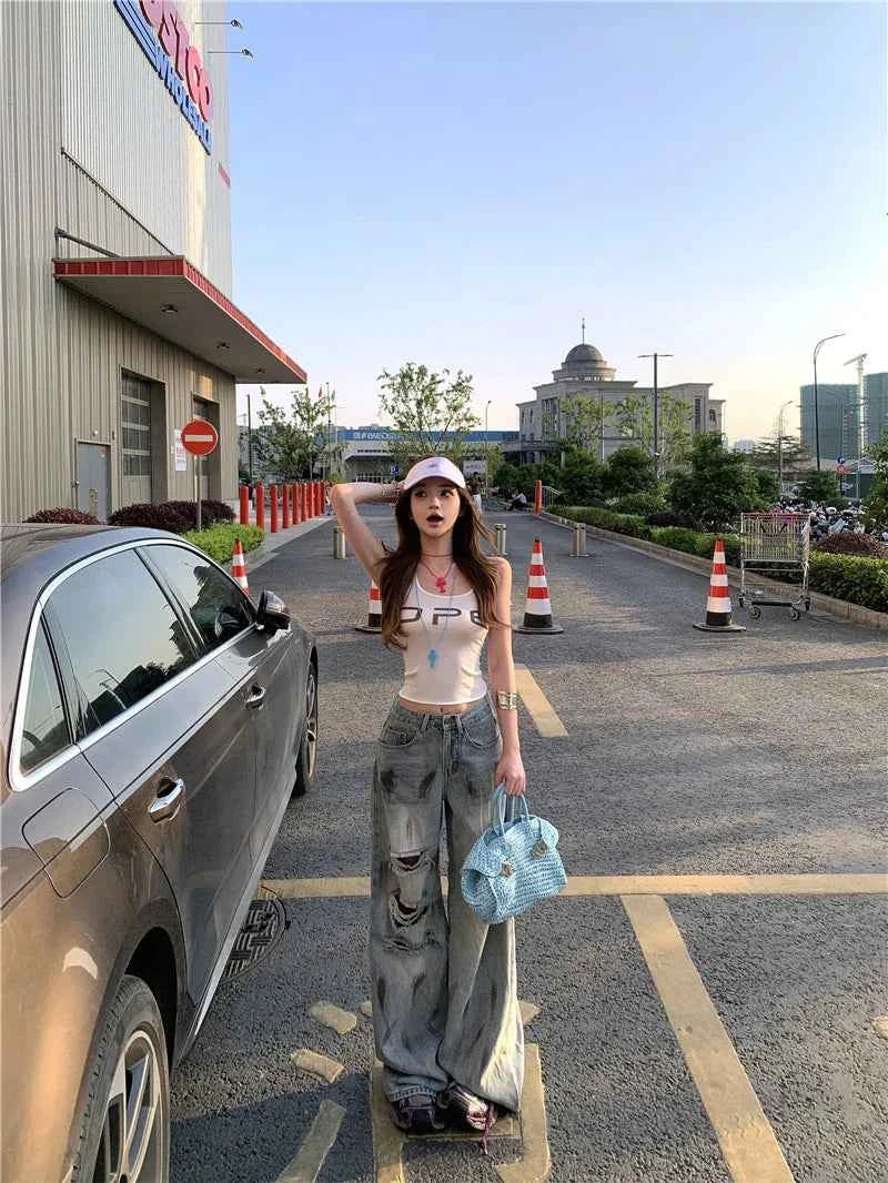 Retro Distressed American Style High Waisted Jeans