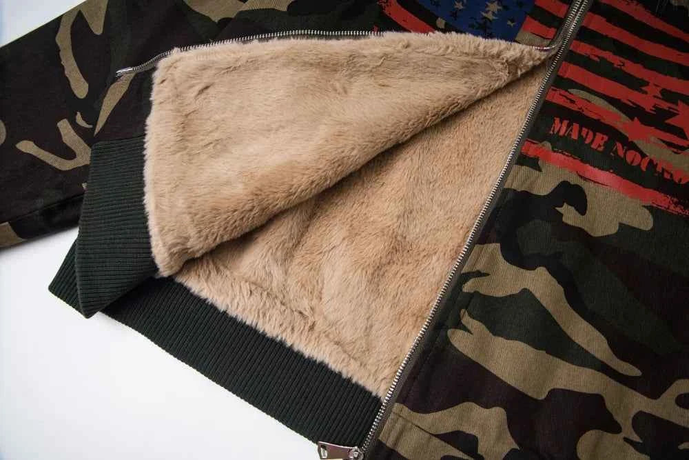 Camouflage Retro Print Faux Fur Hooded Jacket