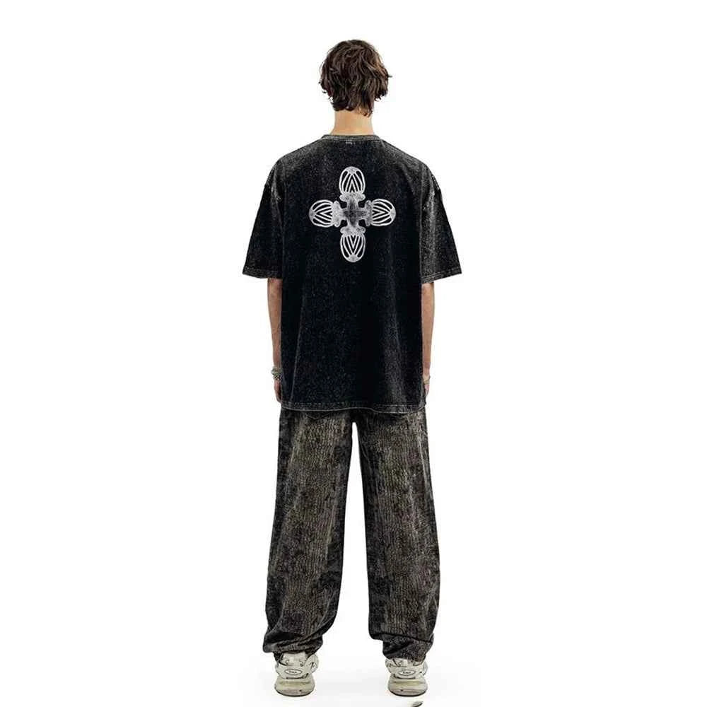 Retro Patterned Short-Sleeved Cotton T-Shirt