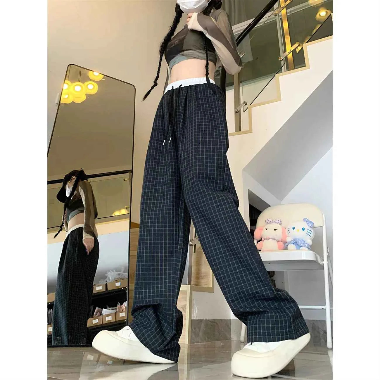 Minimal Street Fit Retro Plaid Wide Leg Sweatpants