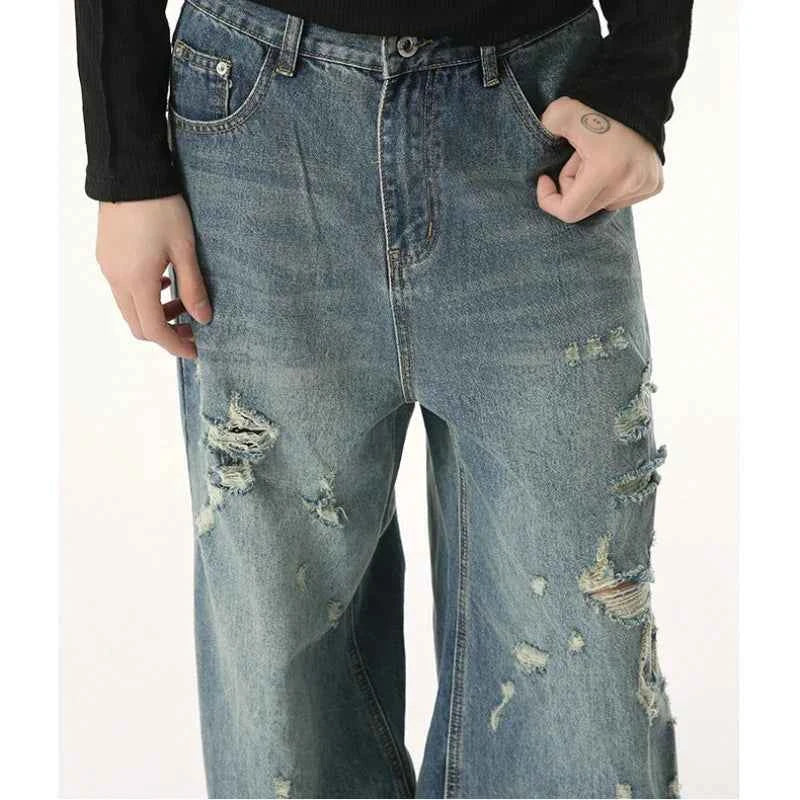Streetwear Washed Irregular Hole Baggy Jeans