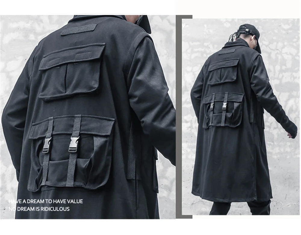 Blackish Gothic Long Trench Multi Pocket Coat