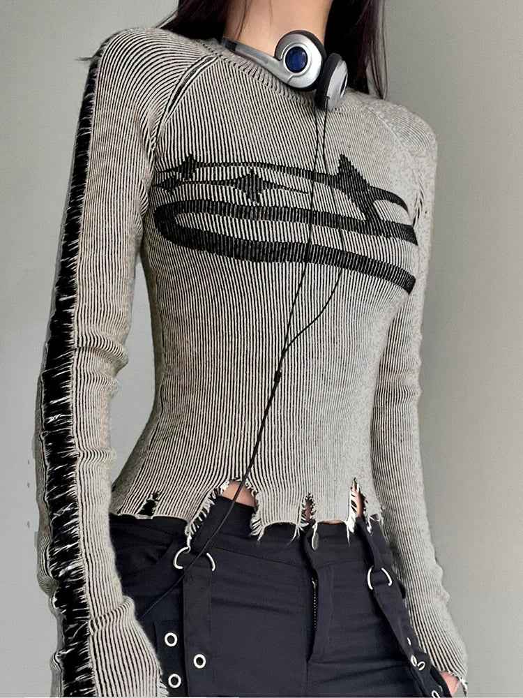 Vintage Patchwork Ripped Long Sleeve Sweater