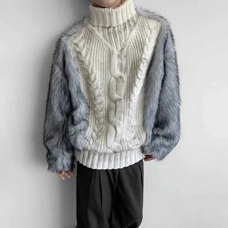 Luxury Faux Fur Patchwork Turtleneck Sweater