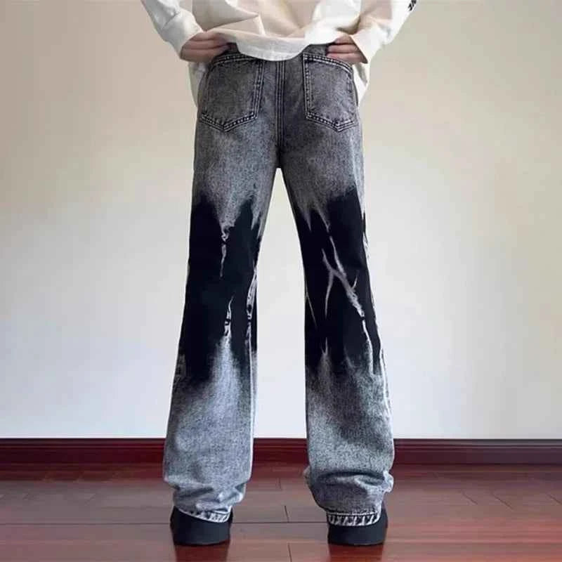 Streetwear Retro Vintage Tie Dye Patchwork Wide Jeans