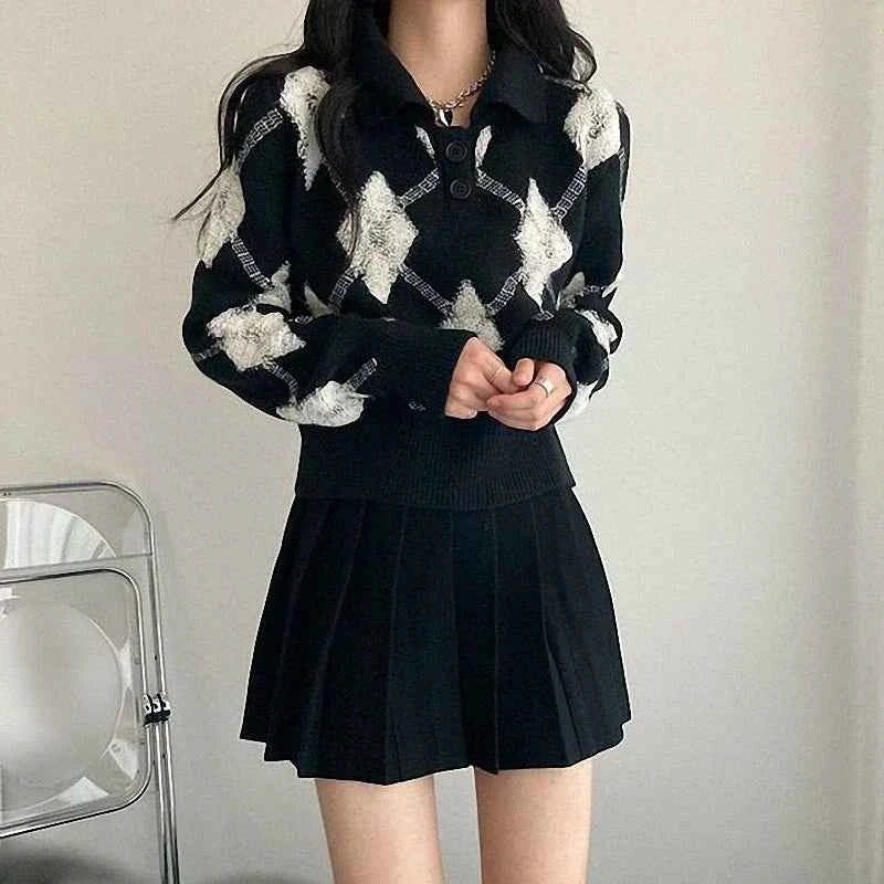 Vintage Turn-Down Collar Ulzzang Sweater - Retro Aesthetic Knitted Polo Pullover