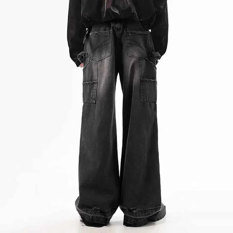 Casual Retro Black Whiskers Baggy Jeans