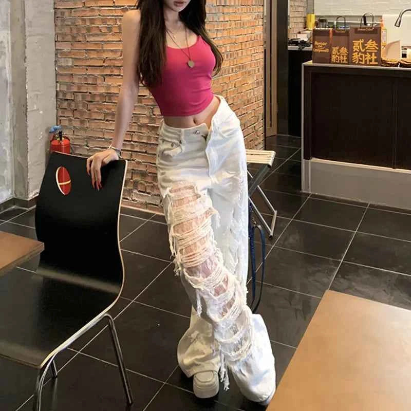 White Ripped Lace Splicing High Waist Jeans