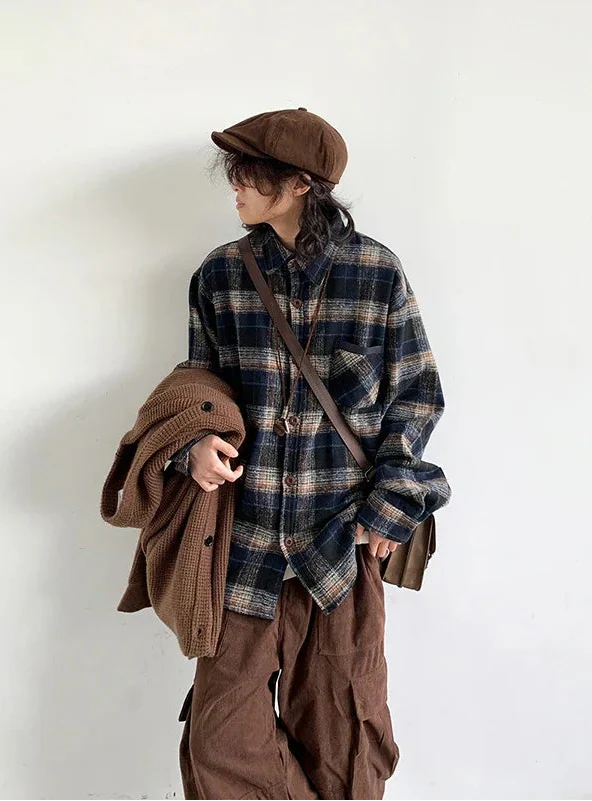 Y2K Cozy Plaid Woolen Long Sleeve Shirt - Luxuryurbanwear