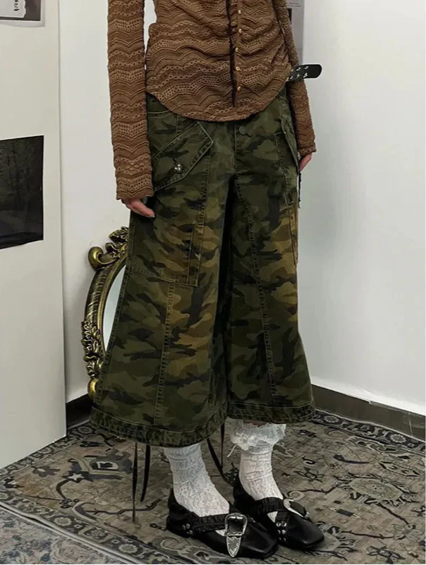 Streetwear Camouflage High Waist Wide Leg Jorts - Luxuryurbanwear