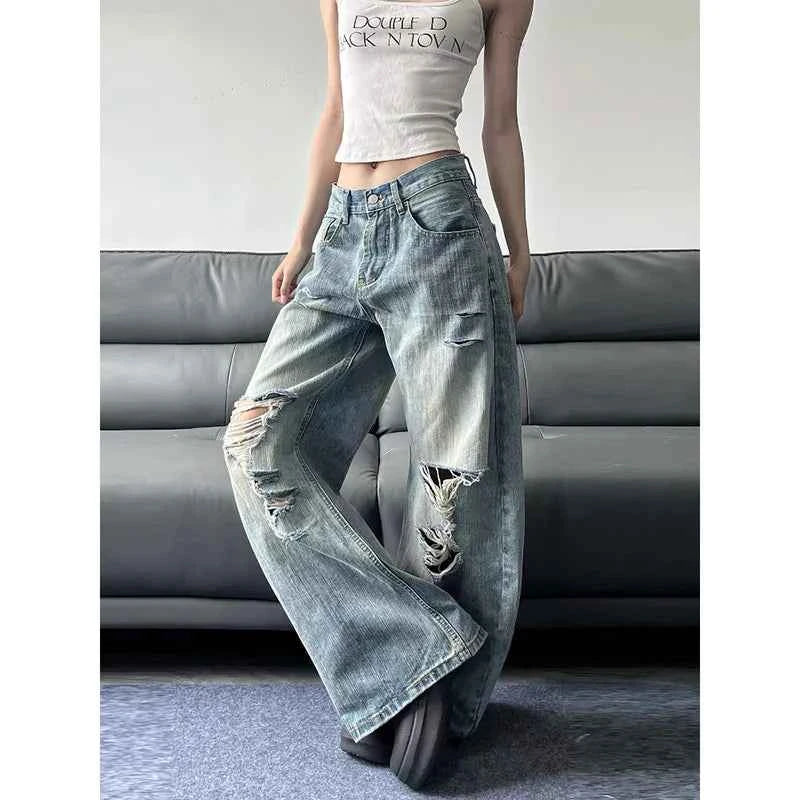 Durable Y2K High Waist Ripped Blue Wide Leg Jeans