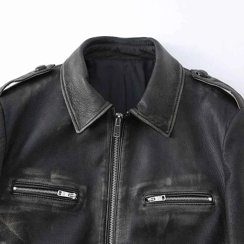 Real Sheepskin Distressed Leather Zipper Jacket