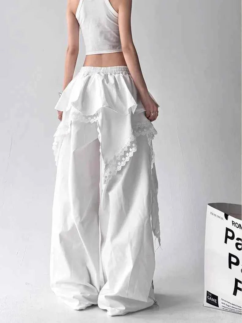 Contrasting Color Patchwork Lace Wide Pants