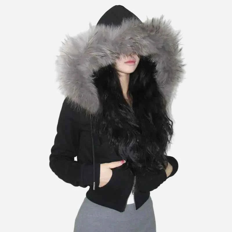 Cozy Patchwork Furry Zipper Hooded Sweatshirt