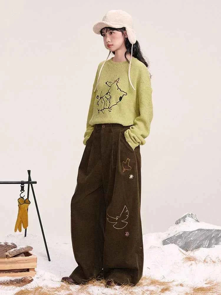 Embroidered Dove Brown Corduroy Pants