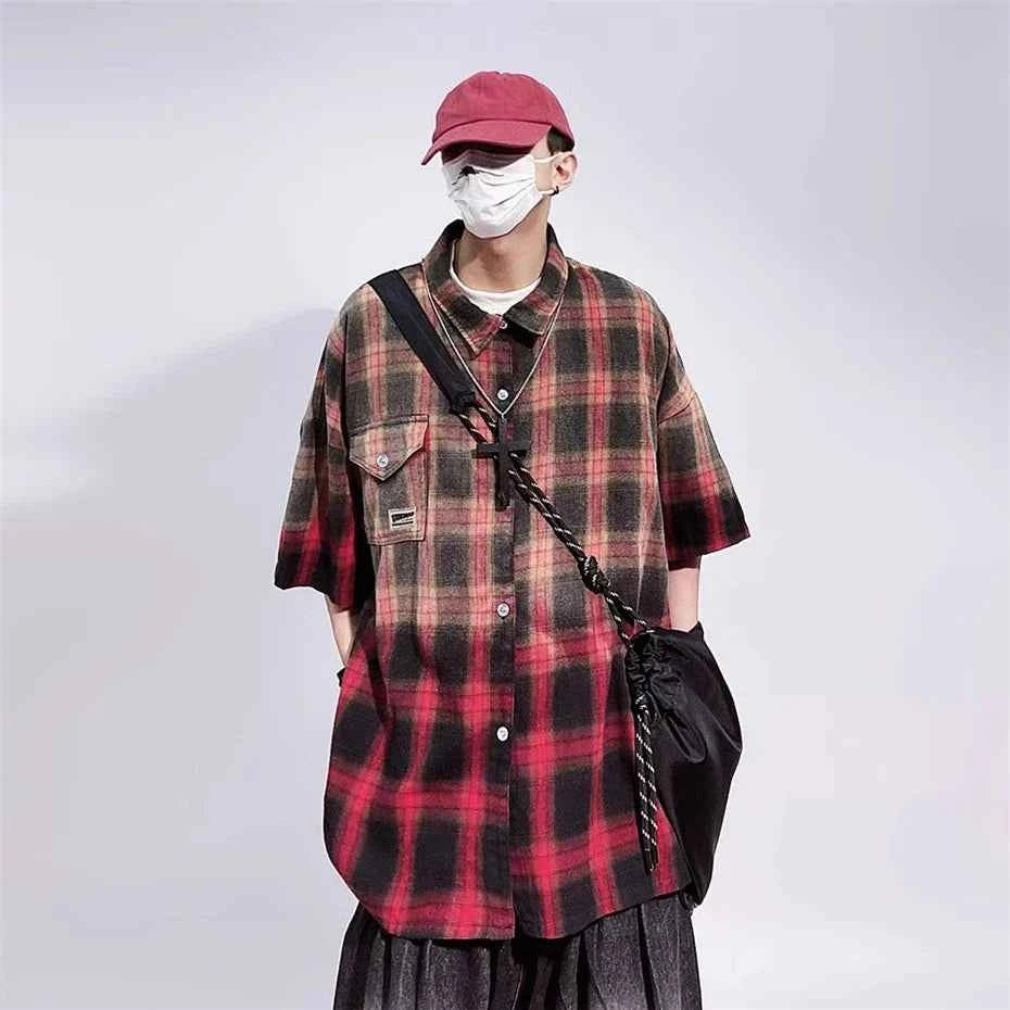 Vintage Gradient Plaid Cargo Hip Shirt