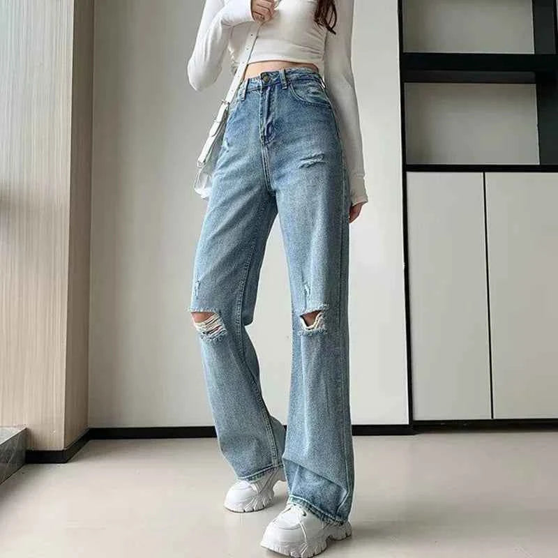Chic Korean Style Light Blue Ripped Jeans
