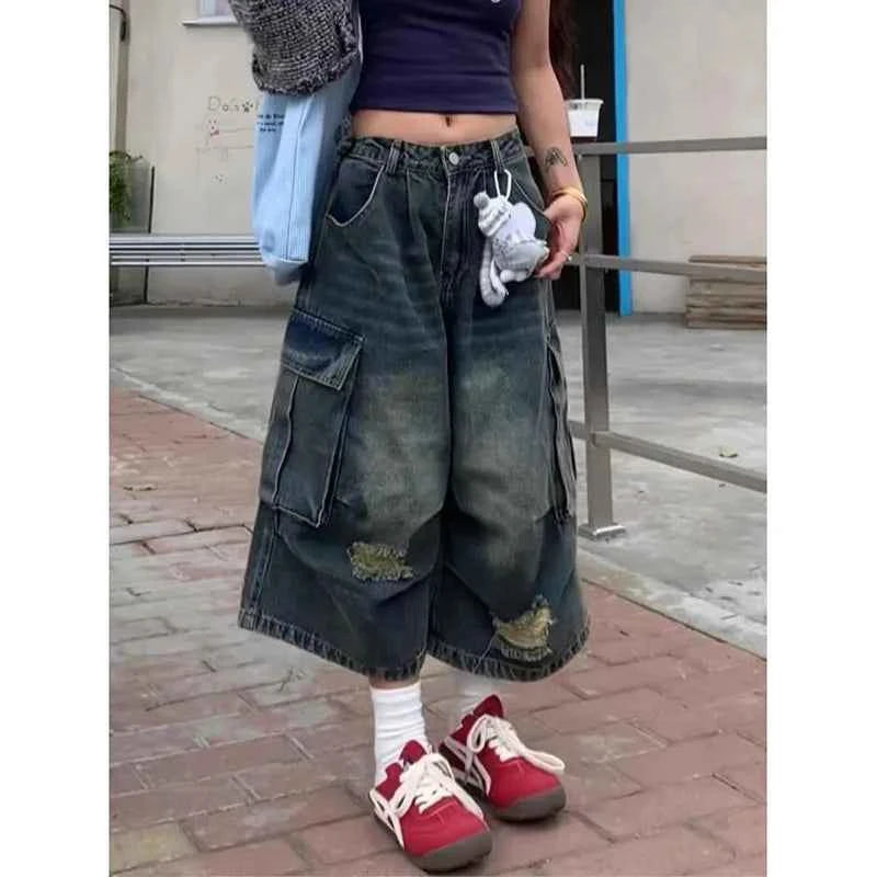 Streetwear Comfort Vintage Blue Washed High Waist Jorts