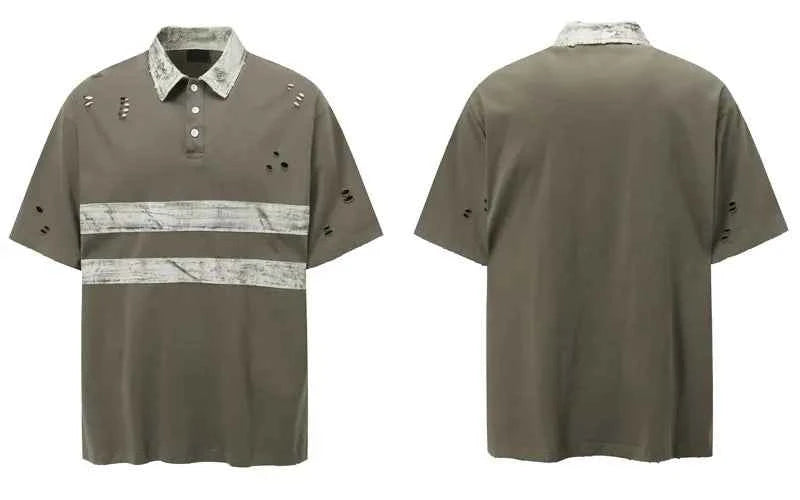 Retro Punk Grunge Patched Ripped Polo Collar T-Shirt