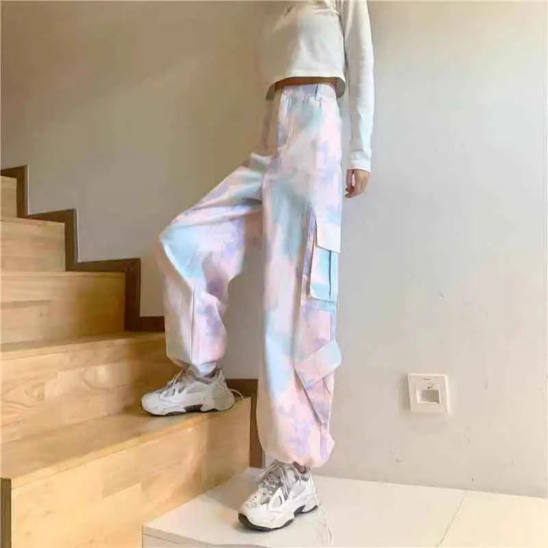 Streetwear Retro High Waist Tie Dye Cargo Pants