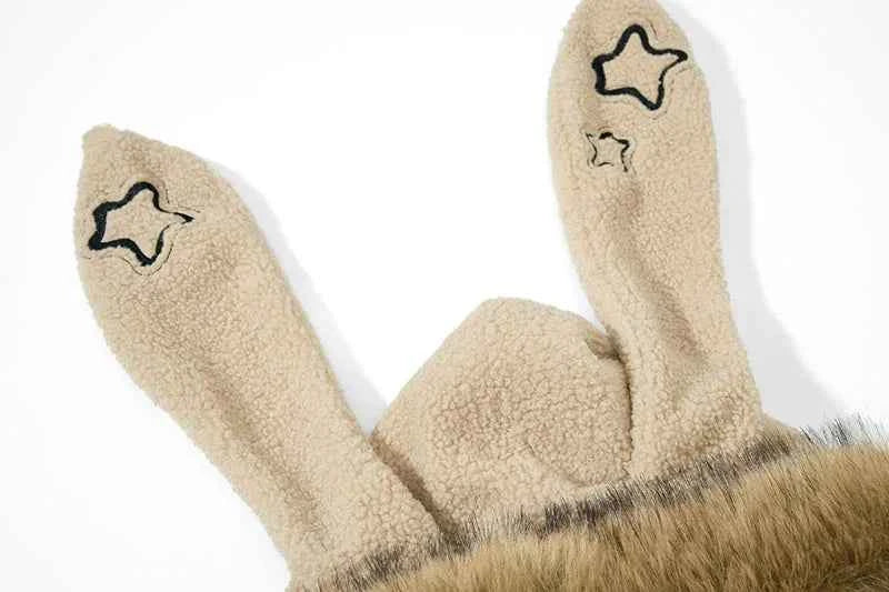 Winter Cozy Faux Fur Collar Rabbit Ear Hooded Jacket
