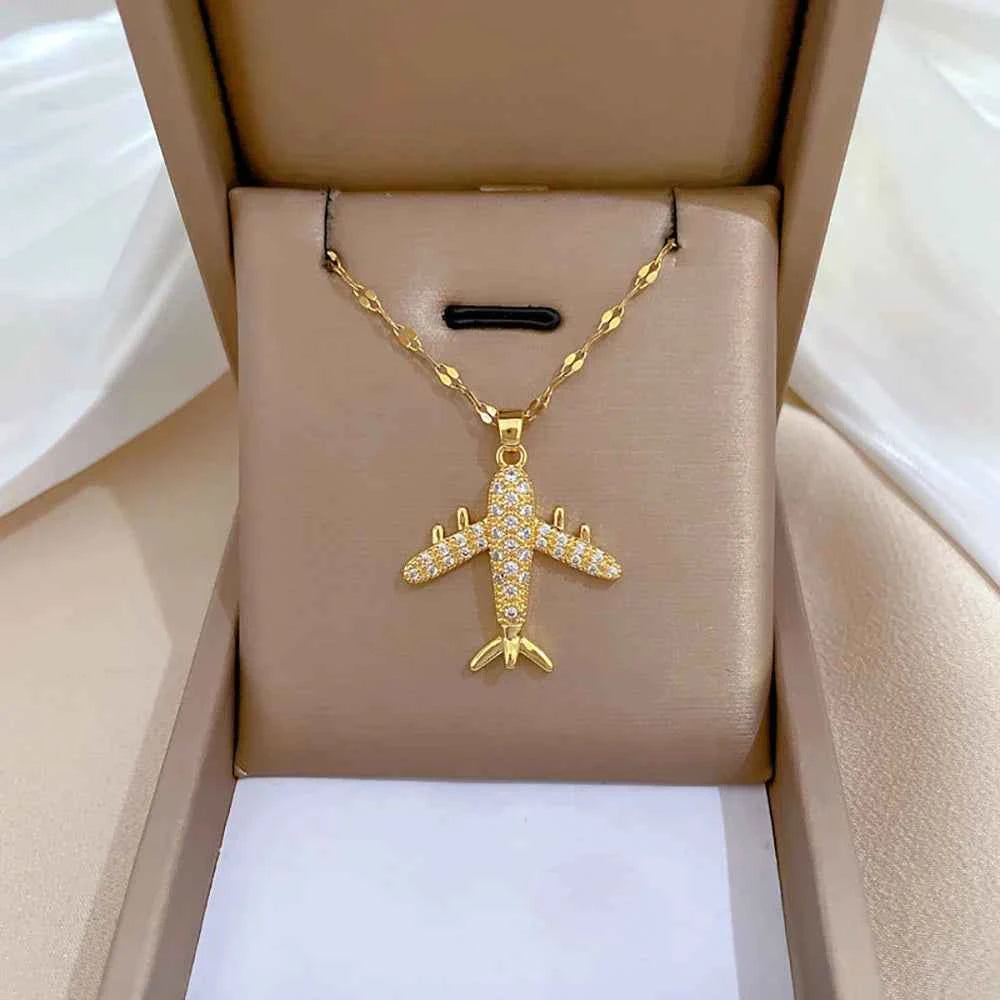 Golden Zircon Aircraft Pendant Necklace