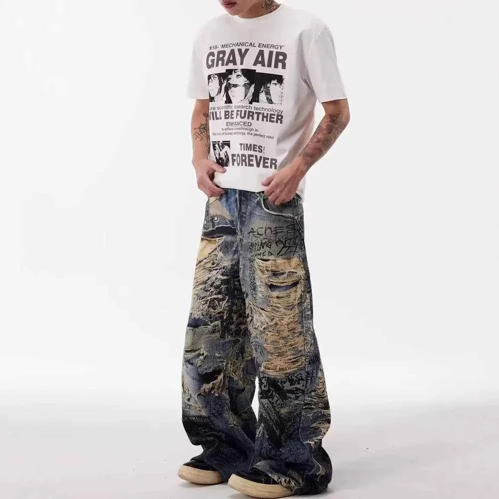 Retro 3D Printed Cool Ripped Wide Leg Jeans