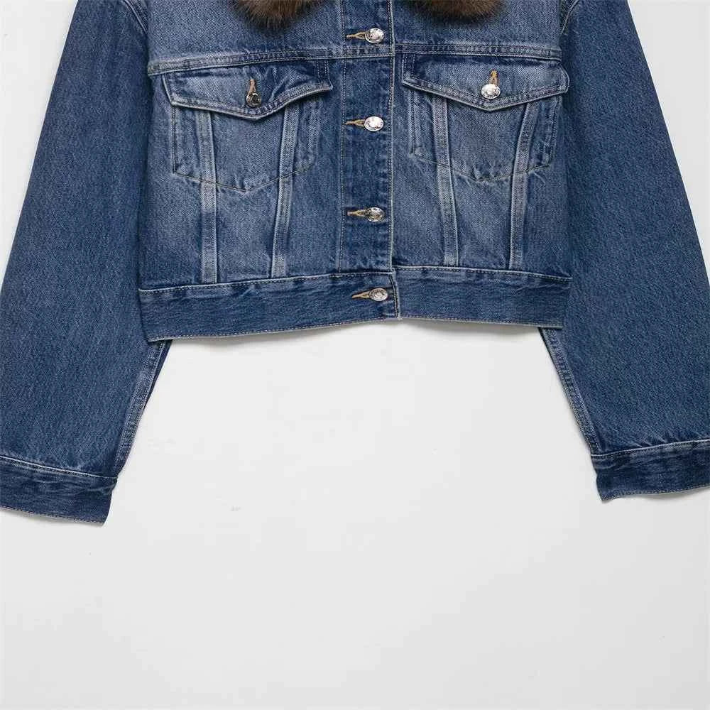 Elevated Retro Faux Fur Collar Denim Jacket