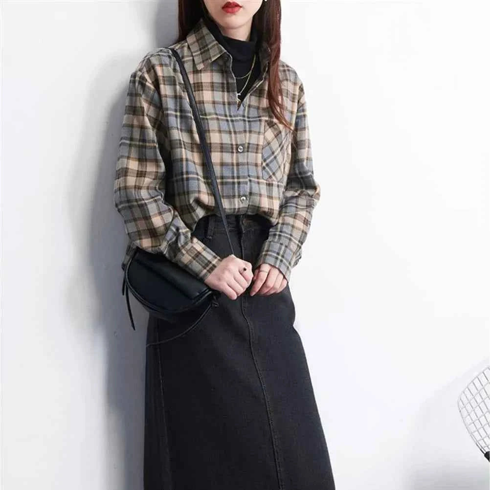 Elegant Plaid Retro Design Blouses Shirt