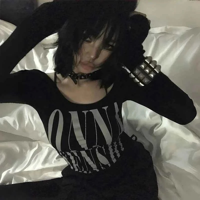 Gothic Letter Print Irregular Crop T-Shirt