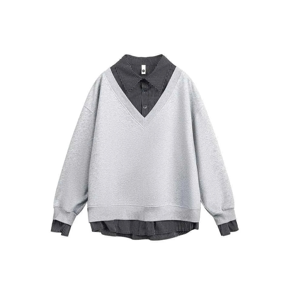 Flattering Casual Loose Striped Polo Sweatshirt