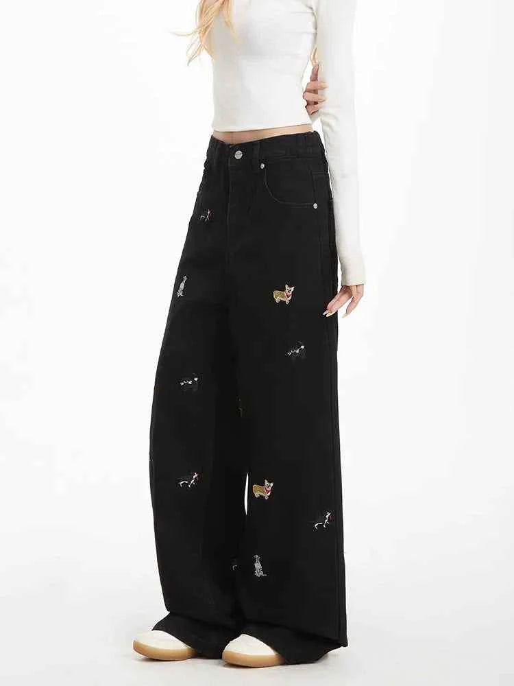 Cool Vintage American Puppy Embroidered Wide Jeans