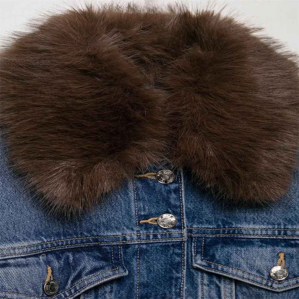 Elevated Retro Faux Fur Collar Denim Jacket