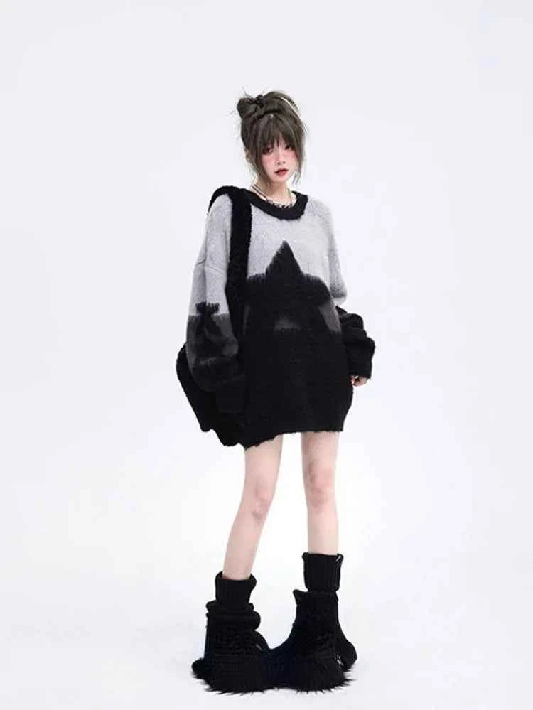 Japanese Oversized Vintage Star Embroidered Sweater