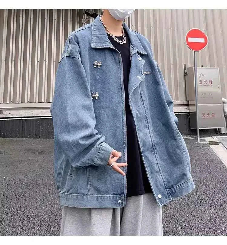 Streetwear Vintage Distressed Zippers Denim Jacket
