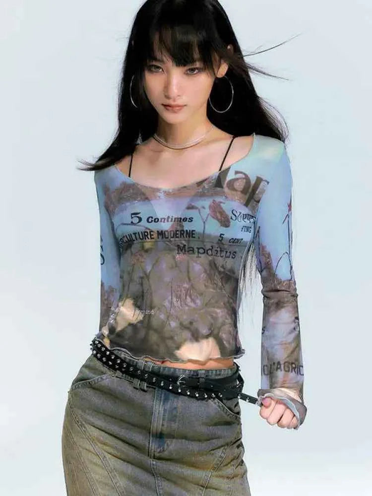 Sheer Mesh Letter Print Long T-Shirt