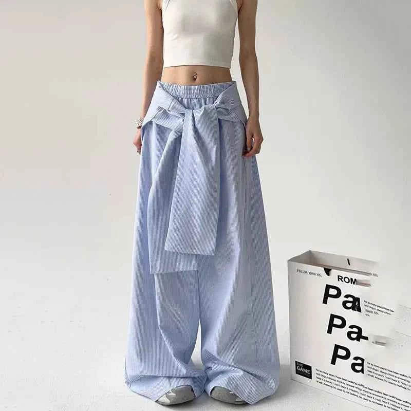 Women Vintage Korean Striped Lace-Up Pants