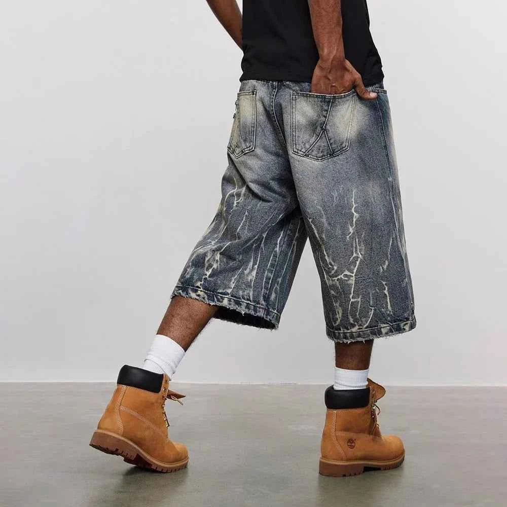 Lightning Pattern Washed Cropped Denim Jorts